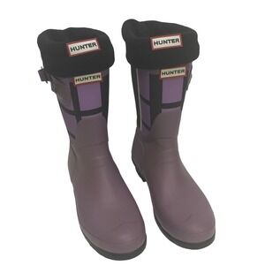 Hunter Women's Short Tartan Rain‎ Boots Purple Black Size 9 Boot Fleece Socks UK